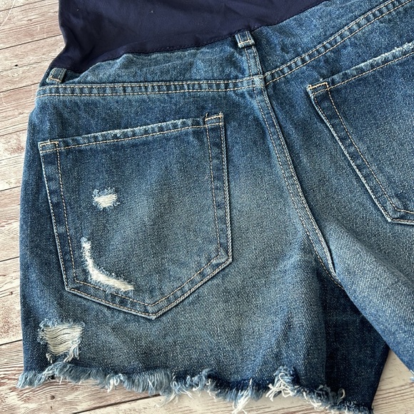 Pinkblush Dark Wash Heavily Distressed Raw Hem Full Panel Maternity Jean Shorts - Picture 7 of 11